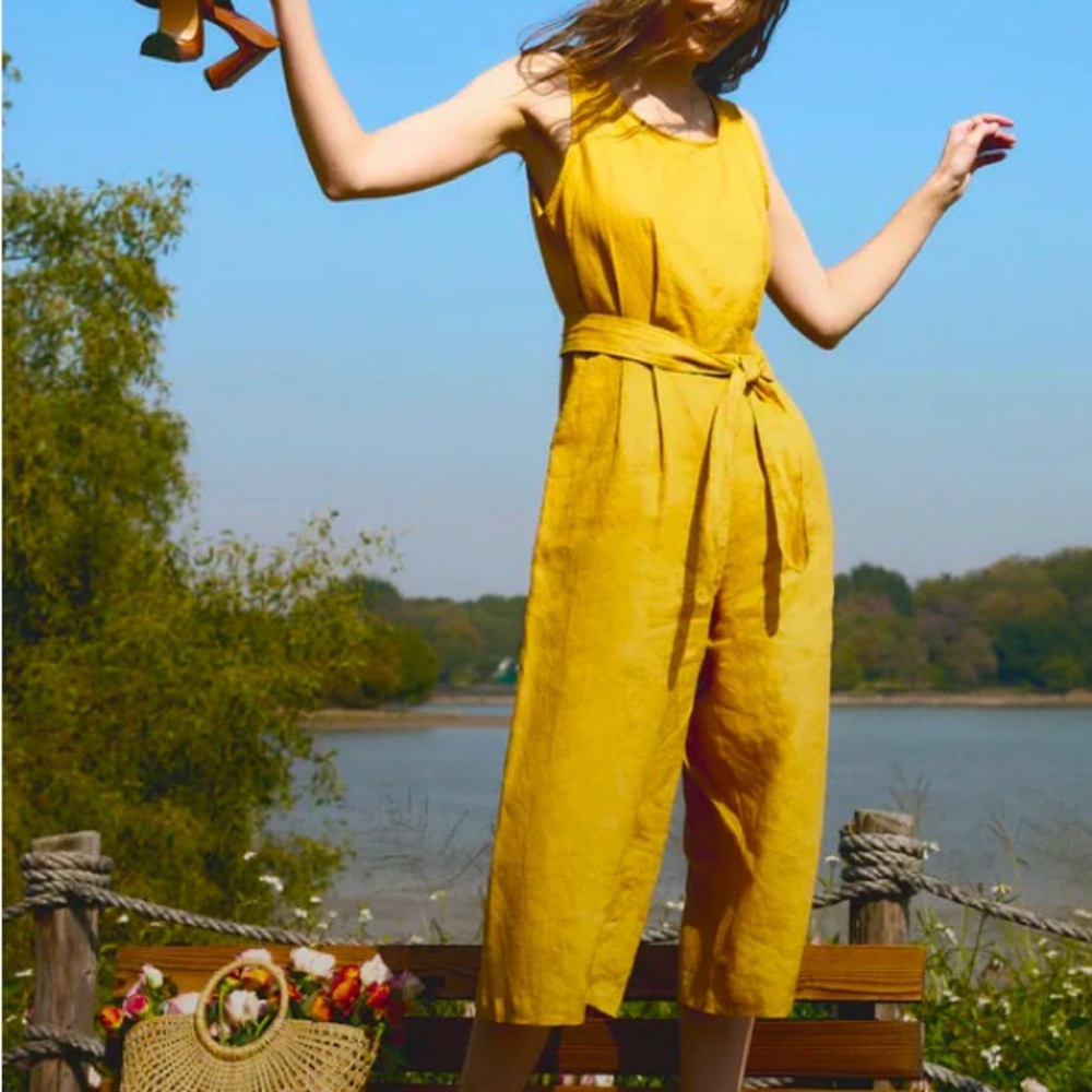 Grae Cove NWT 100% Linen Mustard Yellow Belted Cropped Jumpsuit Size L